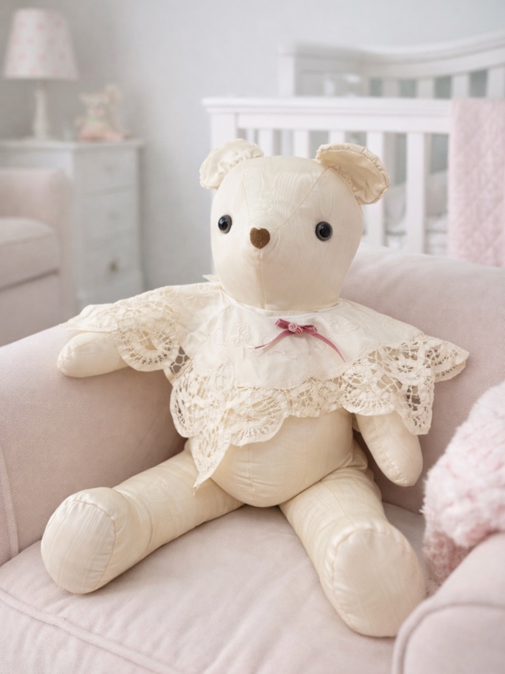 Vintage Style Satin Teddy Bear 🤍 Lace Collar Cottagecore Nursery Decor